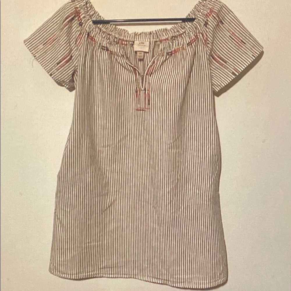 Knox Rose White and Navy Striped Peasant Mini Dress with Embroidered Neckline